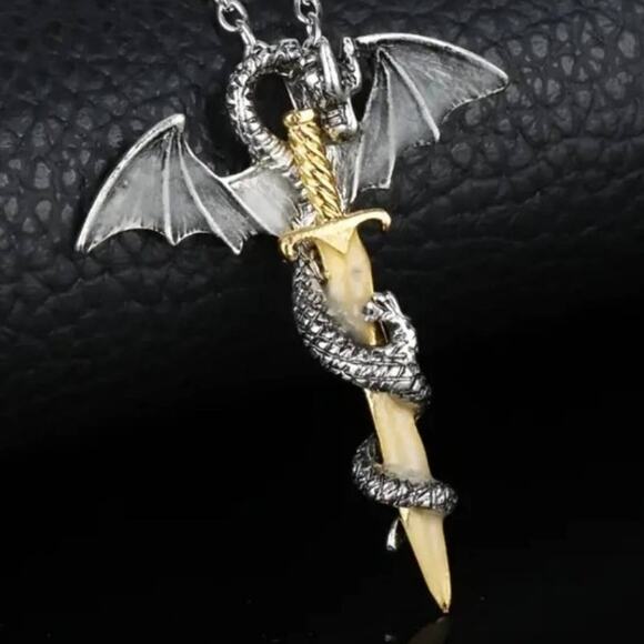 Sword Dragon Necklace Chain Pendant Silver Gold D&D Dungeons Dragons Solid - NEW - Picture 2 of 4